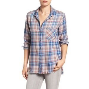 Bella Dahl button down plaid shirt frayed hem size large